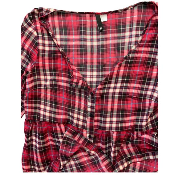 Women's Divided Sheer Red Plaid Baby Doll Dress Boho Punk 12 Large - Picture 3 of 4